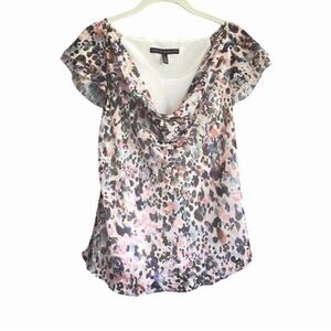 WHBM Flutter Sleeve Blouse Draped Neck Turquoise Blue Salmon Pink Multi Size S